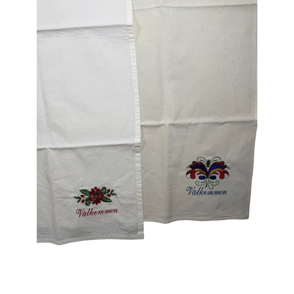 Scandinavian Theme Tea Towels White Embroidered Folk Art Valkommen 35"x31"